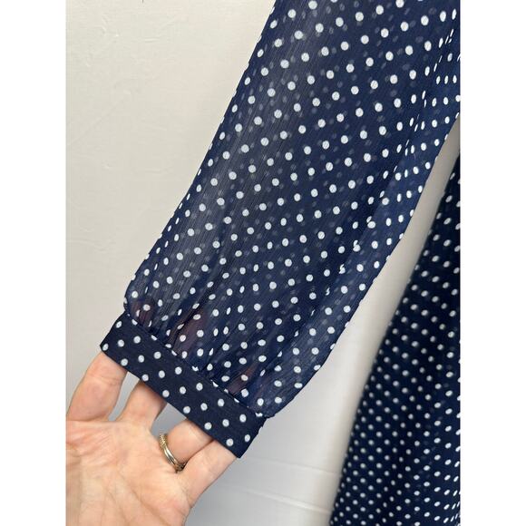 Anthro 11:1 TYLHO Navy Polka Dot Tie-Neck Dress L Breezy Retro Style Old Money - Picture 2 of 11